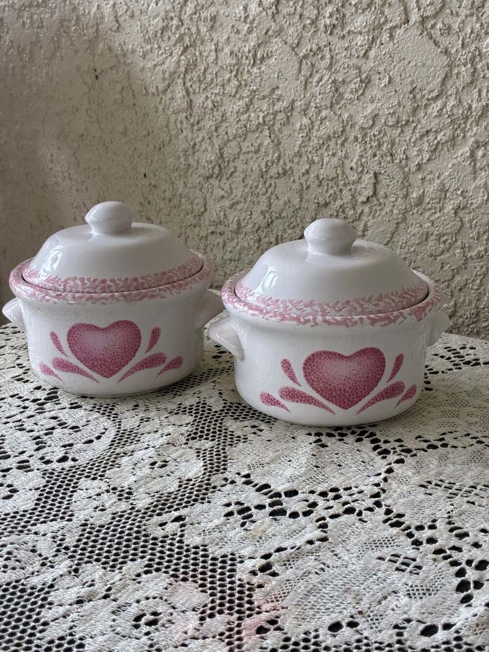 Set of 2 Vintage Pink Heart Ceramic Lidded Soup Crocks